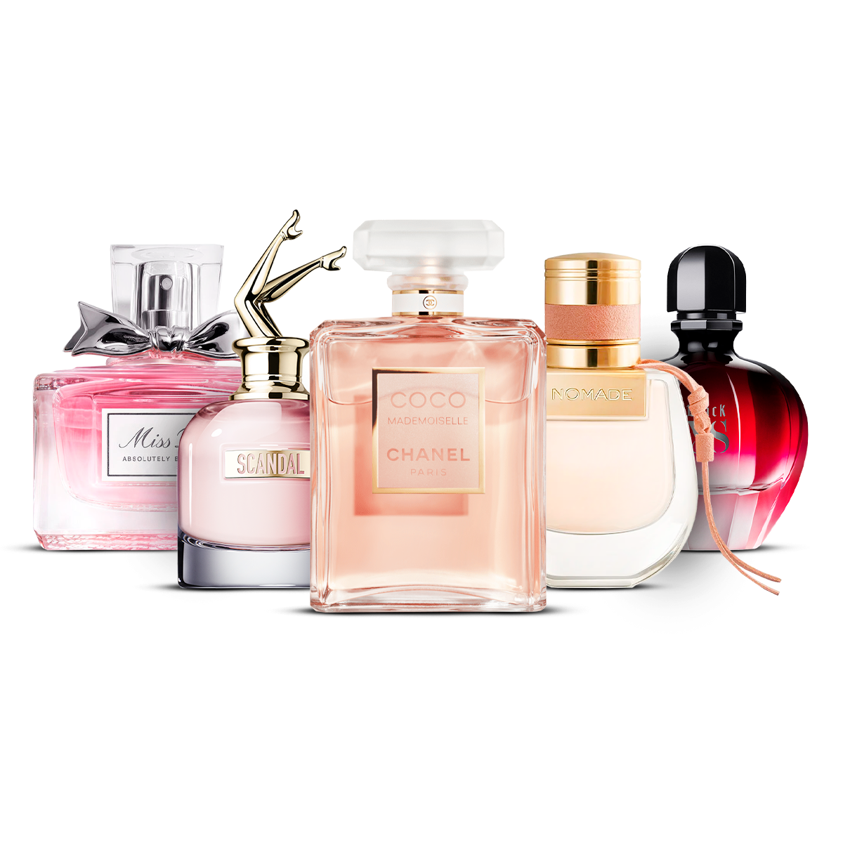 Komplet 5 parfumov – Miss Dior Absolutely Blooming, Scandal, Coco Mademoiselle, Nomade in Black XS  [100 ml vsako]