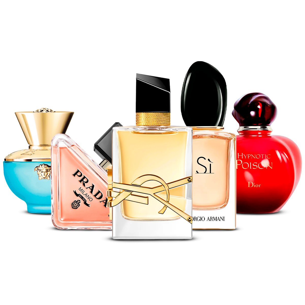 Komplet 5 parfumov   – Versace Dylan Turquoise, Prada Paradoxe, Yves Saint Laurent Libre, Giorgio Armani Sì in Dior Hypnotic Poison   [100 ml vsako]