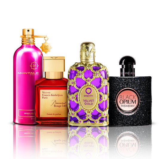 Komplet 4 parfumov | Orientica Velvet Gold + Baccarat Rouge + Black Opium + Montale Roses Musk 100 ml